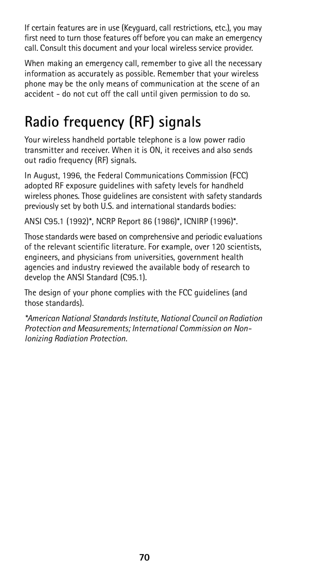 Nokia 5125 manual Radio frequency RF signals, Ansi C95.1 1992*, Ncrp Report 86 1986*, Icnirp 