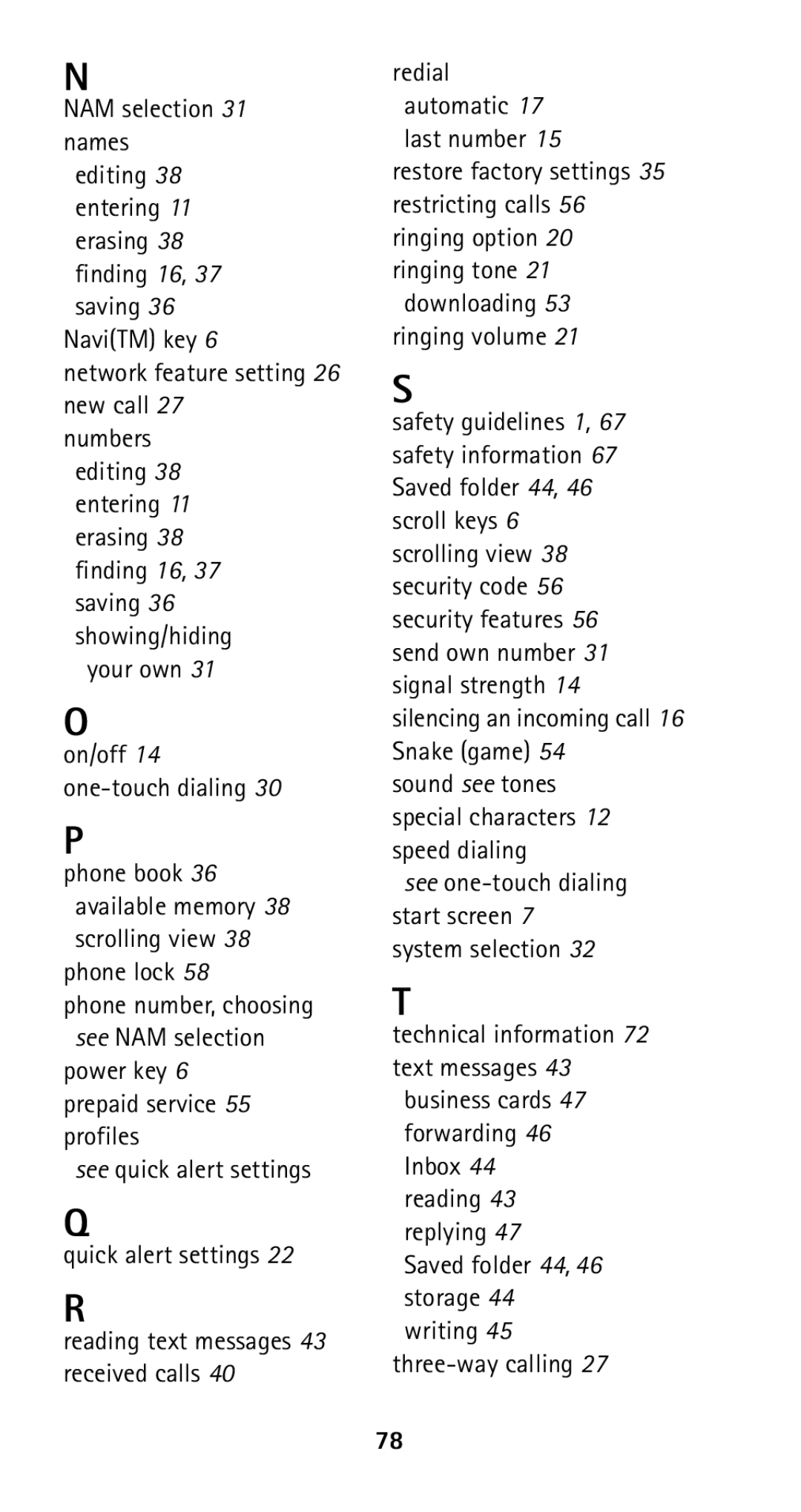 Nokia 5125 manual NAM selection 31 names, Network feature setting 26 new call 