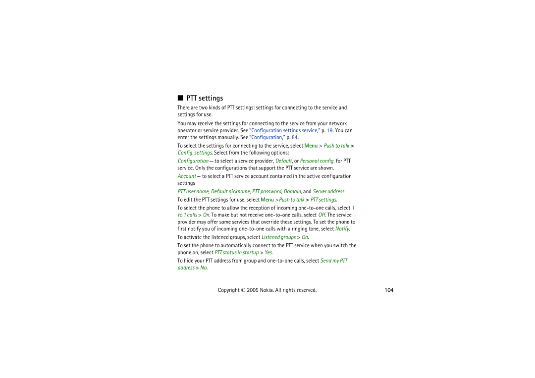 Nokia 5140I manual PTT settings, 104 