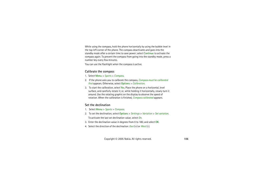 Nokia 5140I manual Calibrate the compass, Set the declination, You can use the flashlight when the compass is active, 106 