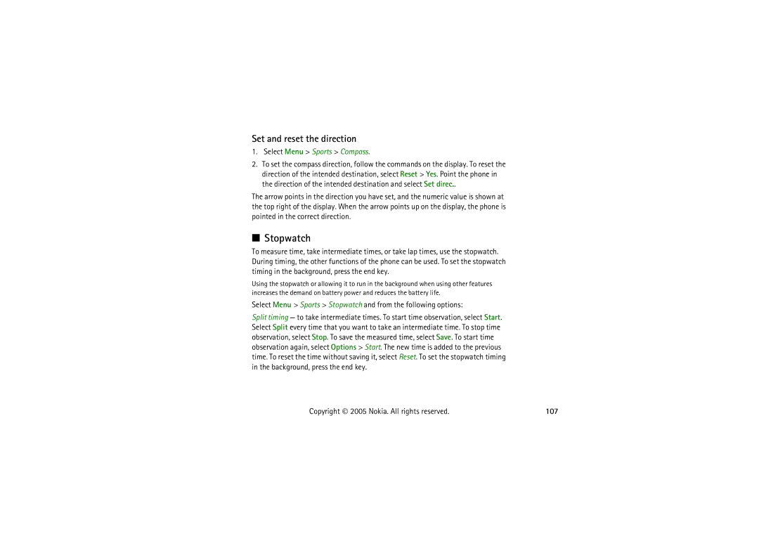 Nokia 5140I manual Set and reset the direction, Select Menu Sports Stopwatch and from the following options, 107 