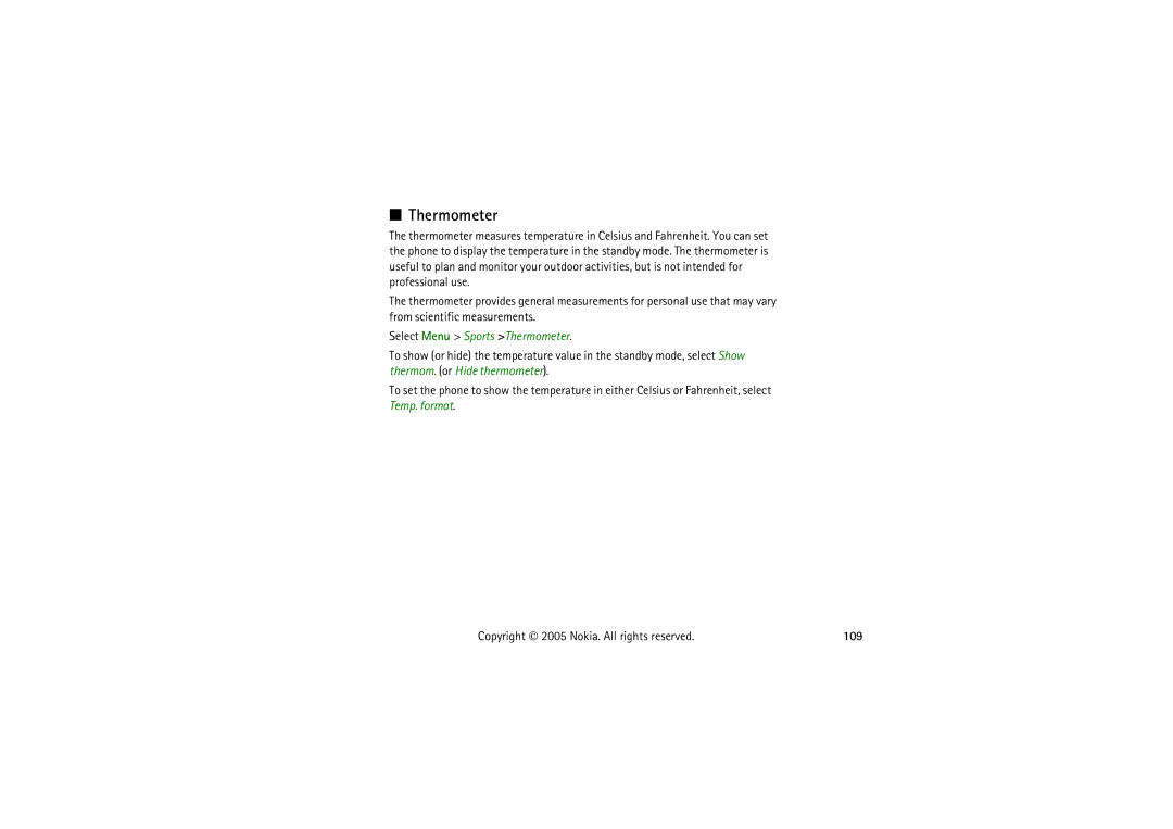 Nokia 5140I manual Select Menu Sports Thermometer, 109 