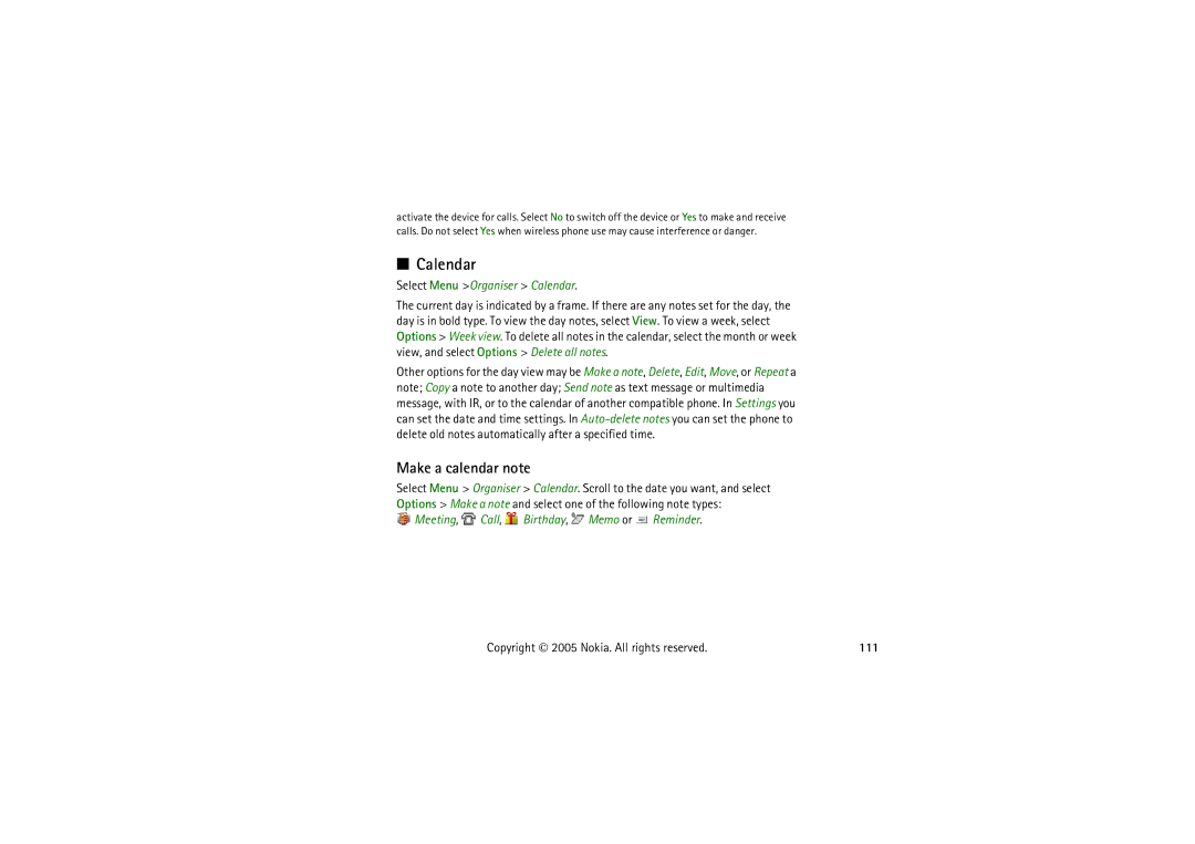 Nokia 5140I manual Make a calendar note, Select Menu Organiser Calendar, Meeting, Call, Birthday, Memo or Reminder, 111 