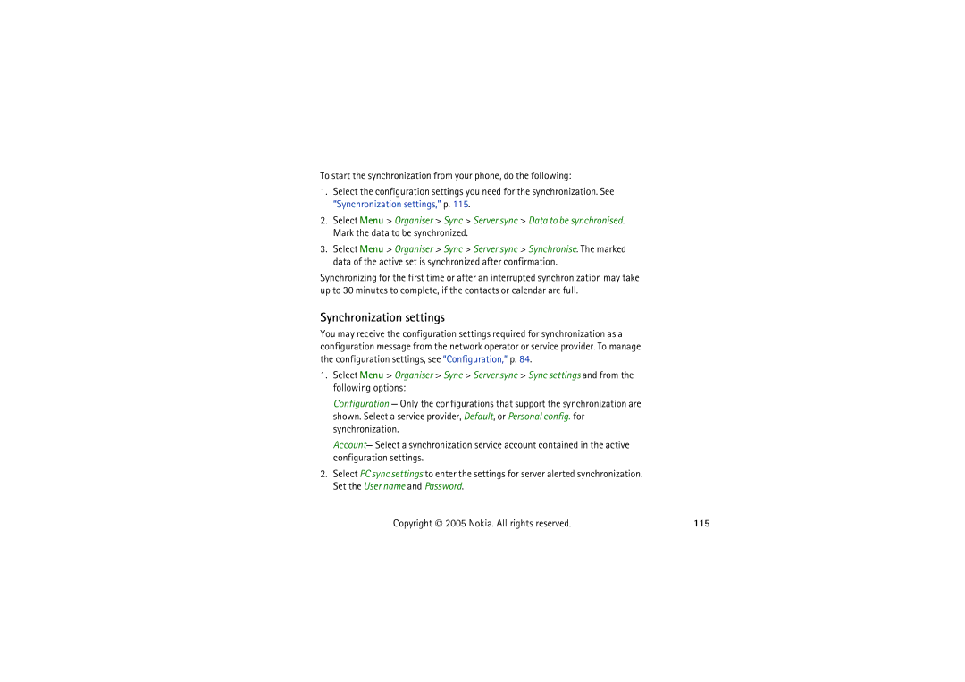 Nokia 5140I manual Synchronization settings, 115 