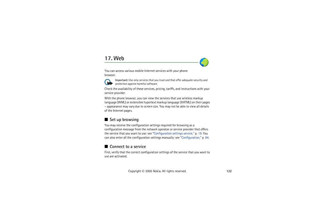 Nokia 5140I manual Web, Set up browsing, Connect to a service, 122 