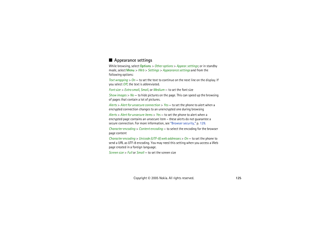 Nokia 5140I manual Appearance settings, 125 