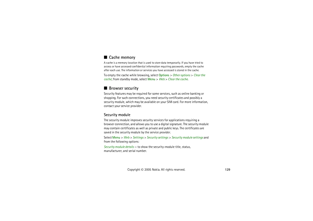 Nokia 5140I manual Cache memory, Browser security, Security module, 129 