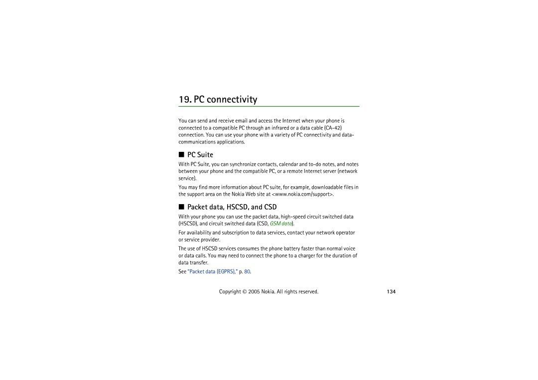 Nokia 5140I manual PC connectivity, PC Suite, Packet data, HSCSD, and CSD, 134 