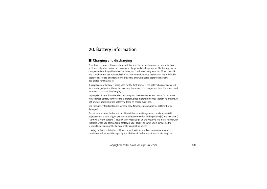 Nokia 5140I manual Battery information, Charging and discharging, 136 