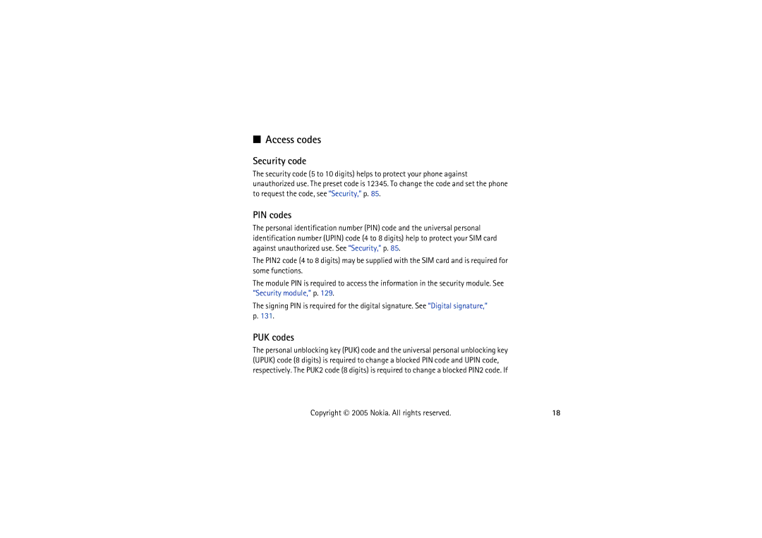 Nokia 5140I manual Access codes, Security code, PIN codes, PUK codes 