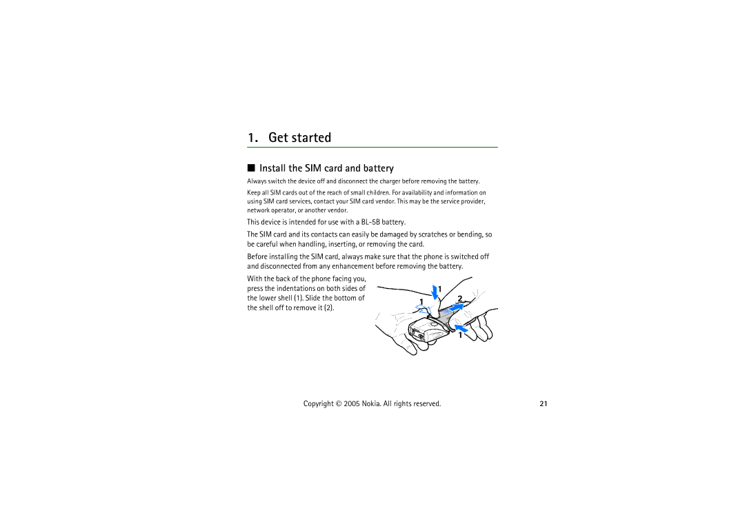 Nokia 5140I manual Get started, Install the SIM card and battery, This device is intended for use with a BL-5B battery 