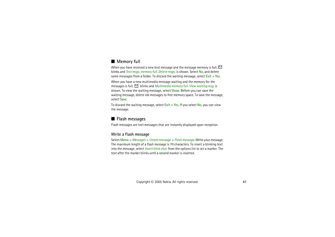 Nokia 5140I manual Memory full, Flash messages, Write a flash message 