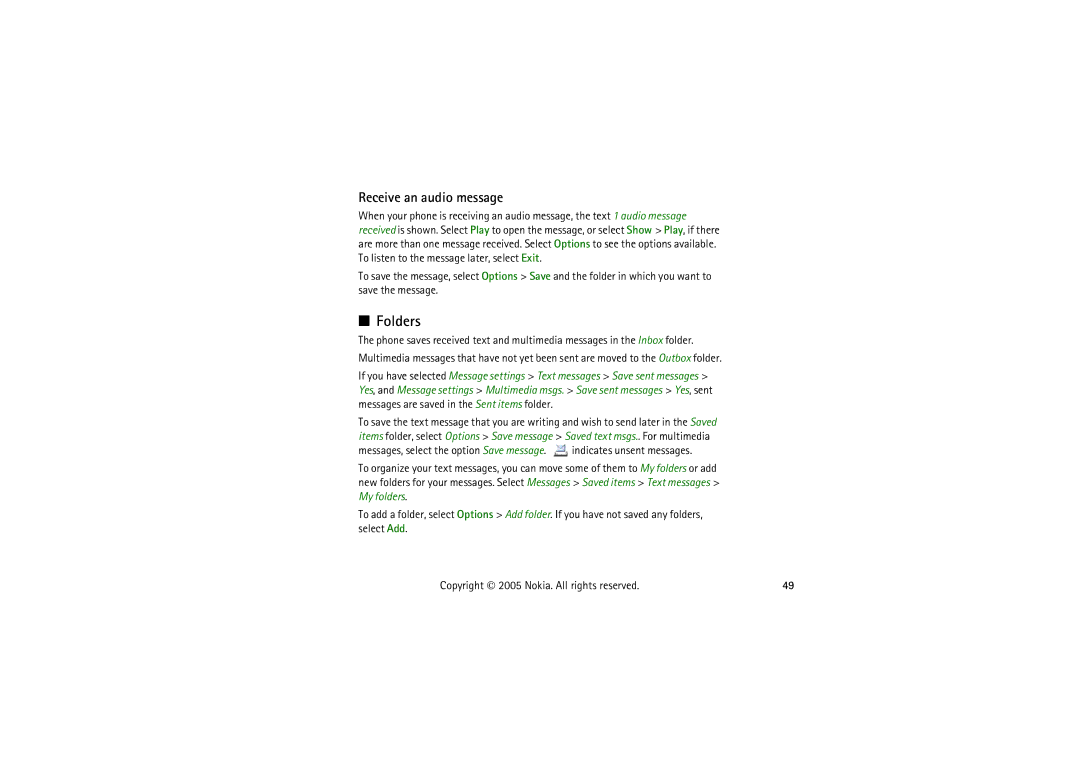 Nokia 5140I manual Folders, Receive an audio message 