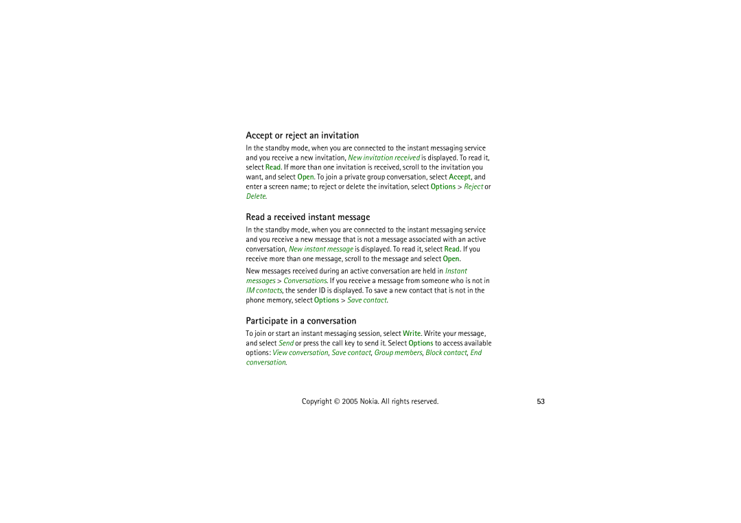 Nokia 5140I manual Accept or reject an invitation, Read a received instant message, Participate in a conversation 