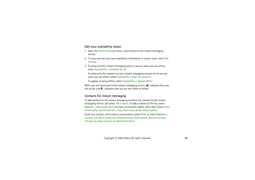 Nokia 5140I manual Edit your availability status, Contacts for instant messaging 