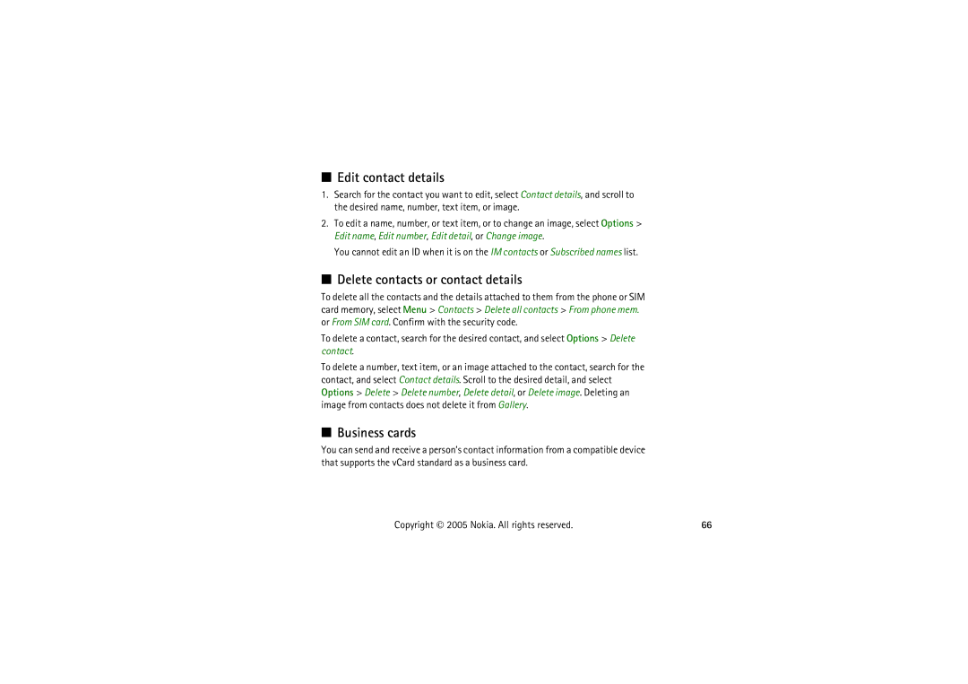 Nokia 5140I manual Edit contact details, Delete contacts or contact details, Business cards 