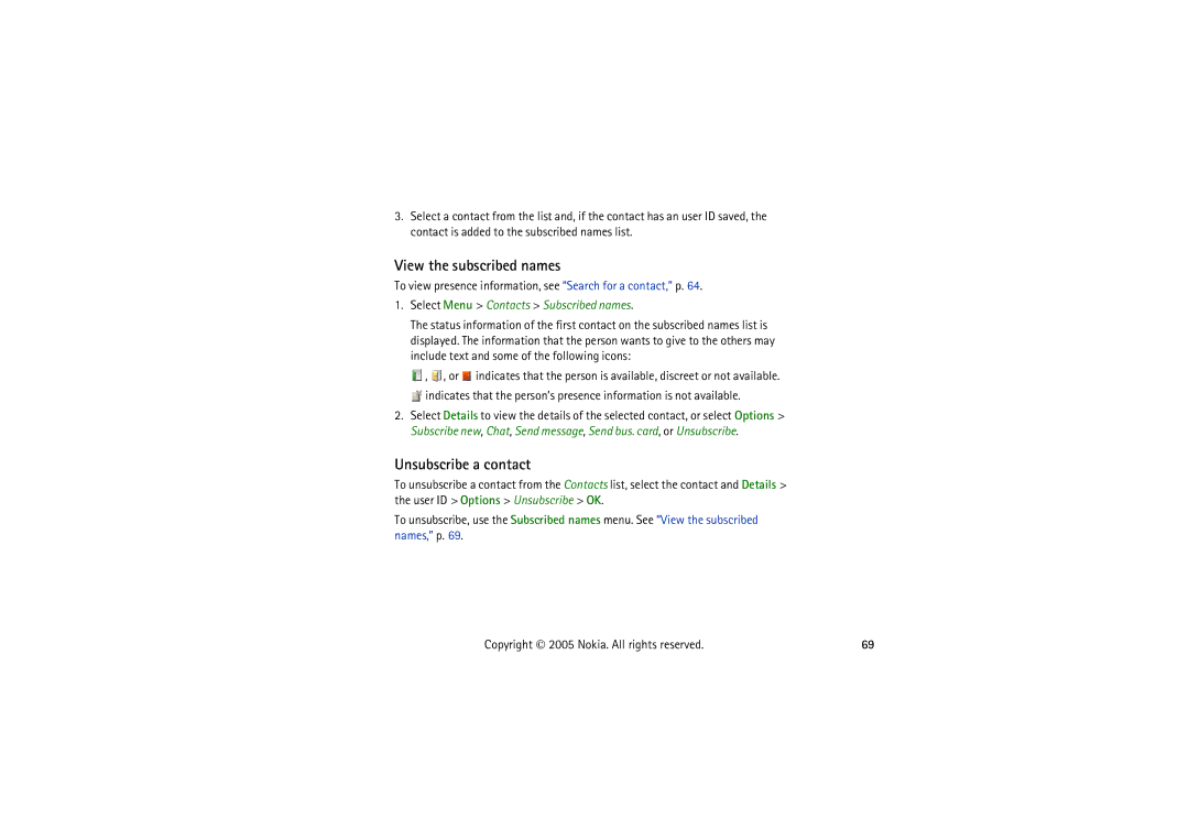 Nokia 5140I View the subscribed names, Unsubscribe a contact, To view presence information, see Search for a contact, p 