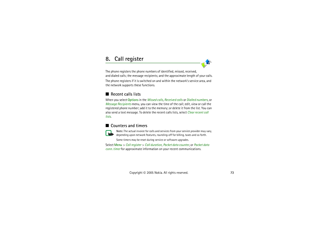 Nokia 5140I manual Call register, Recent calls lists, Counters and timers 