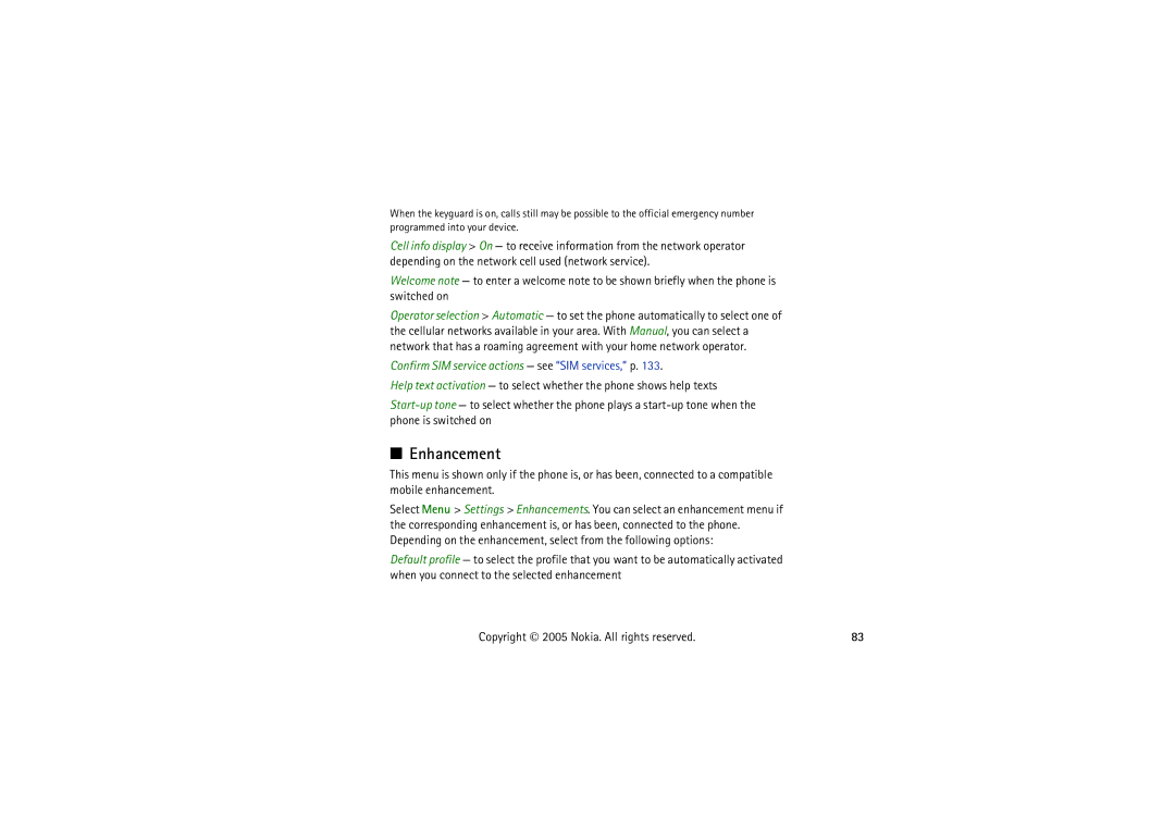 Nokia 5140I manual Enhancement, Confirm SIM service actions see SIM services, p 