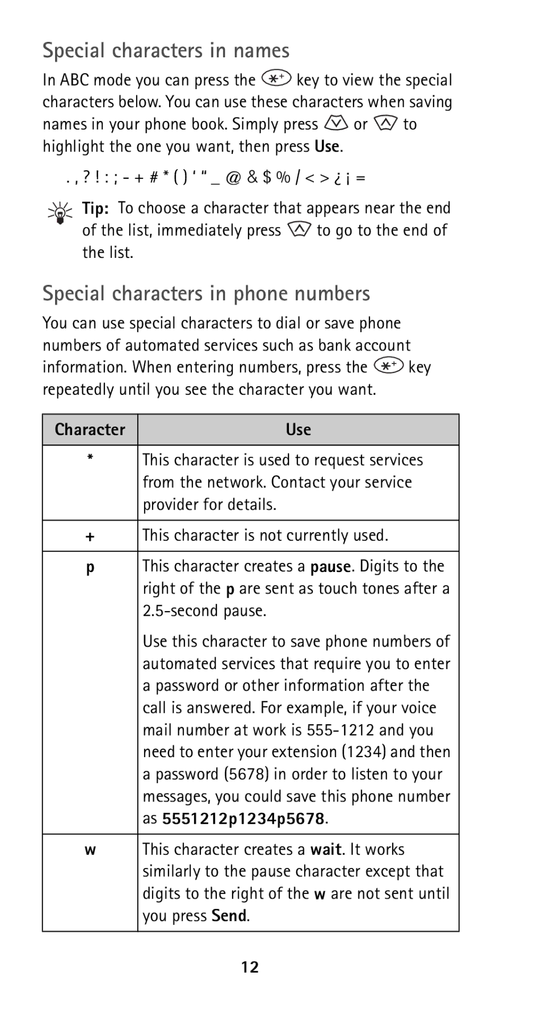 Nokia 5160 owner manual Special characters in names, Special characters in phone numbers 