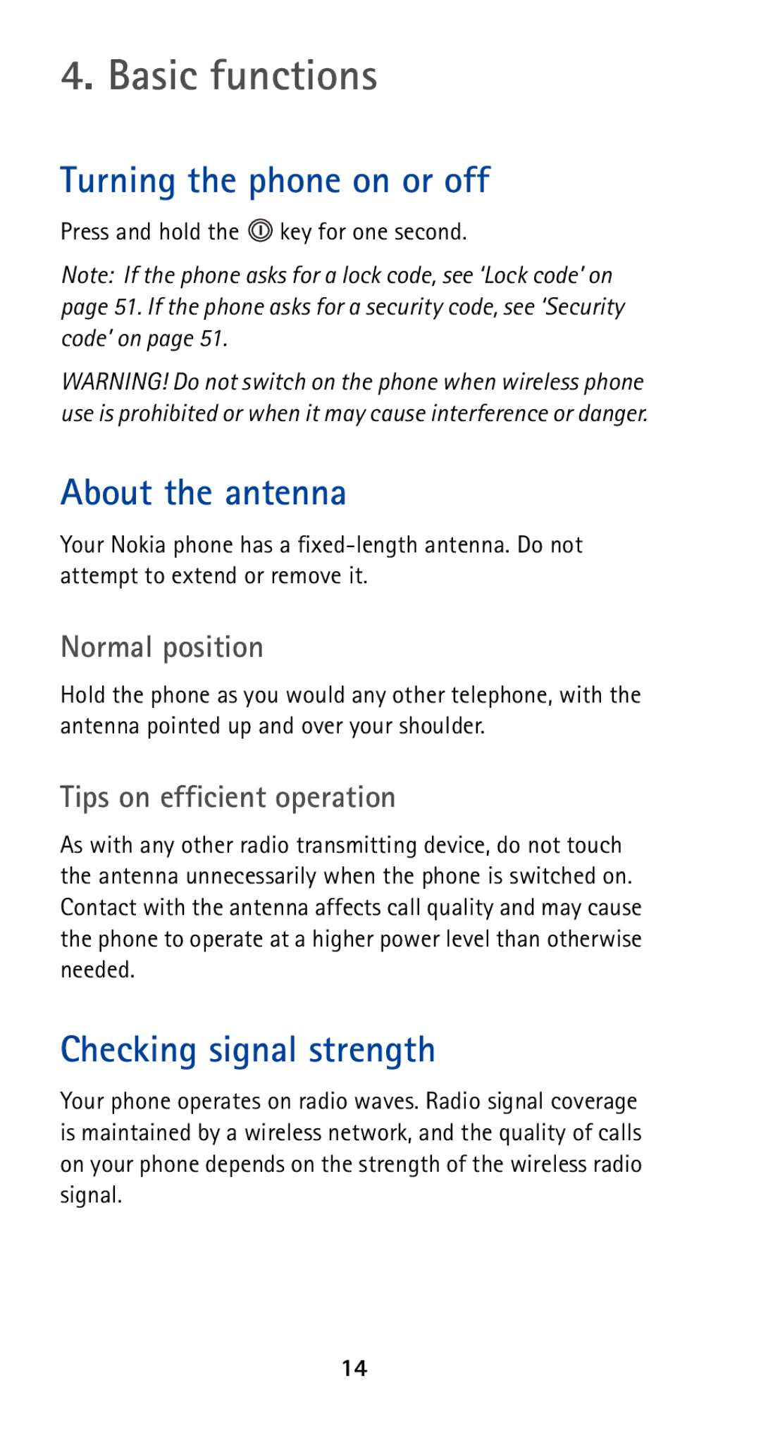 Nokia 5160 owner manual Basic functions, Turning the phone on or off, About the antenna, Checking signal strength 