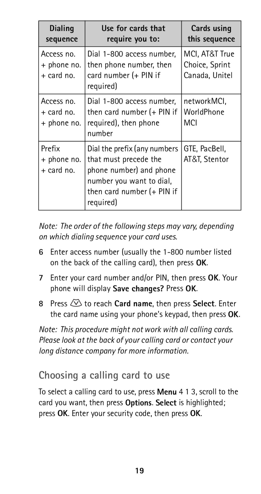 Nokia 5160 owner manual Choosing a calling card to use 