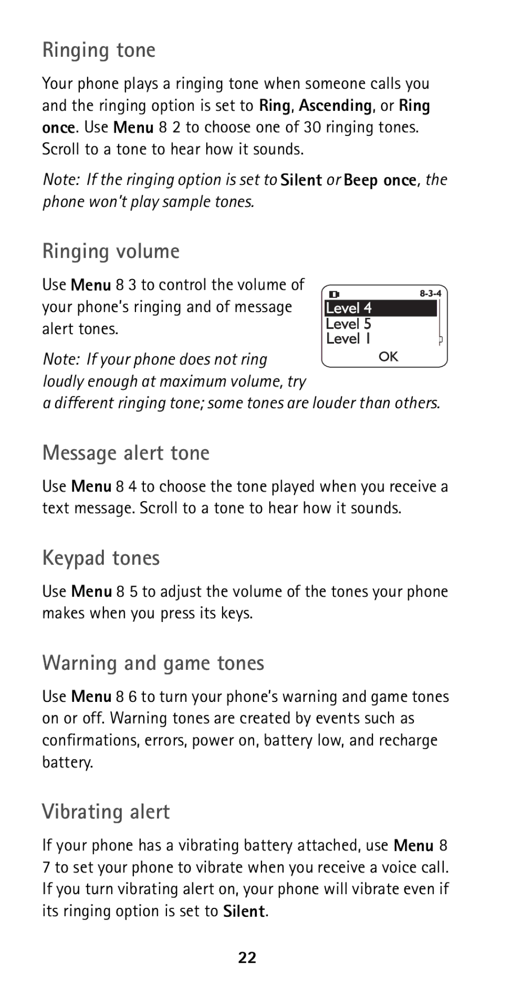 Nokia 5160 owner manual Ringing tone, Ringing volume, Message alert tone, Keypad tones, Vibrating alert 