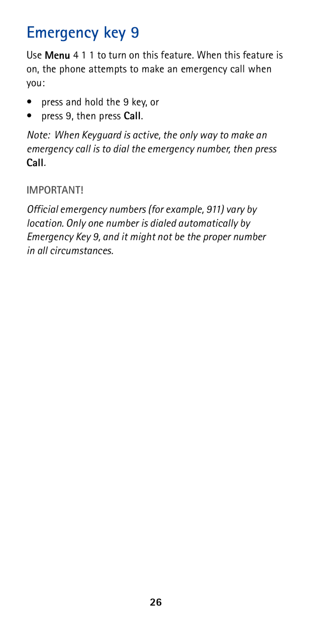 Nokia 5160 owner manual Emergency key 