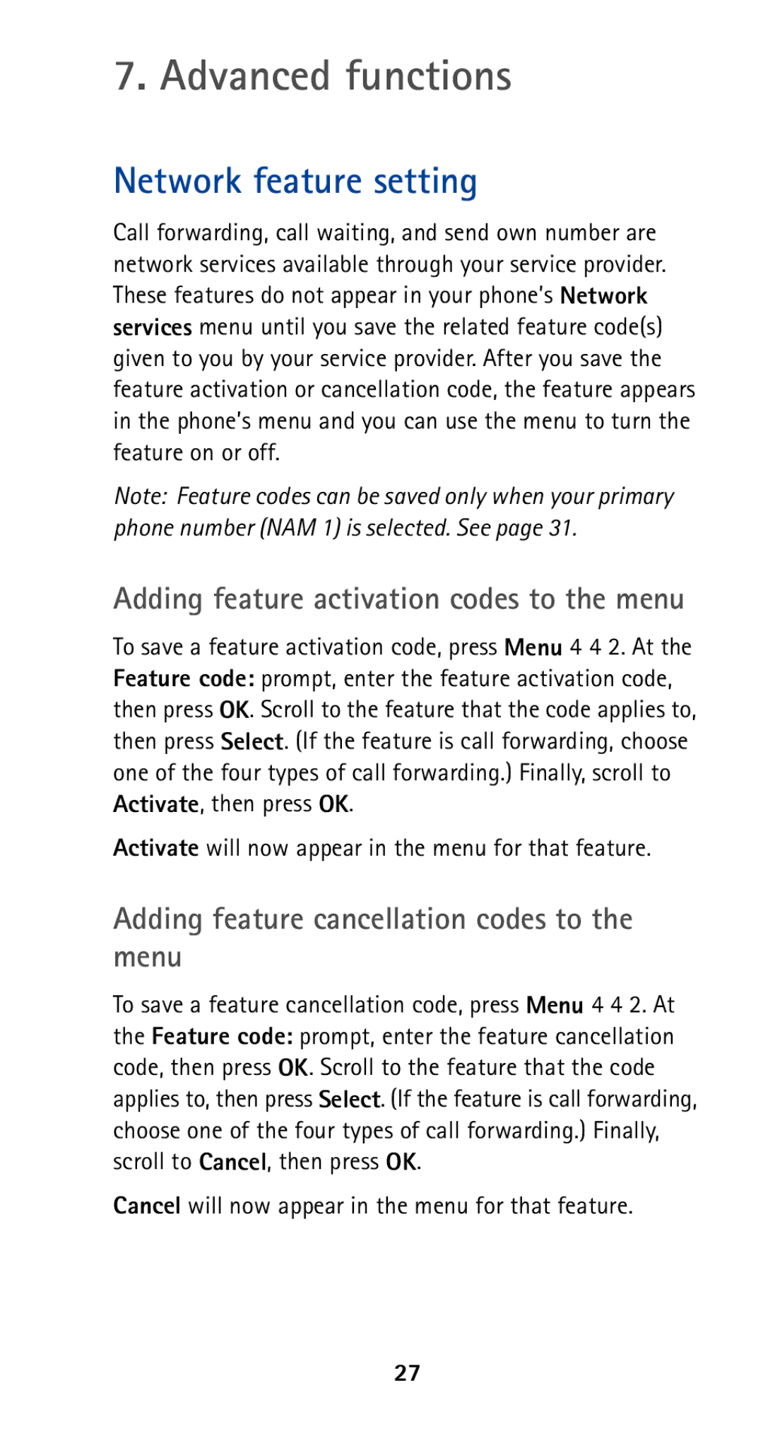 Nokia 5160 owner manual Advanced functions, Network feature setting, Adding feature cancellation codes to the menu 