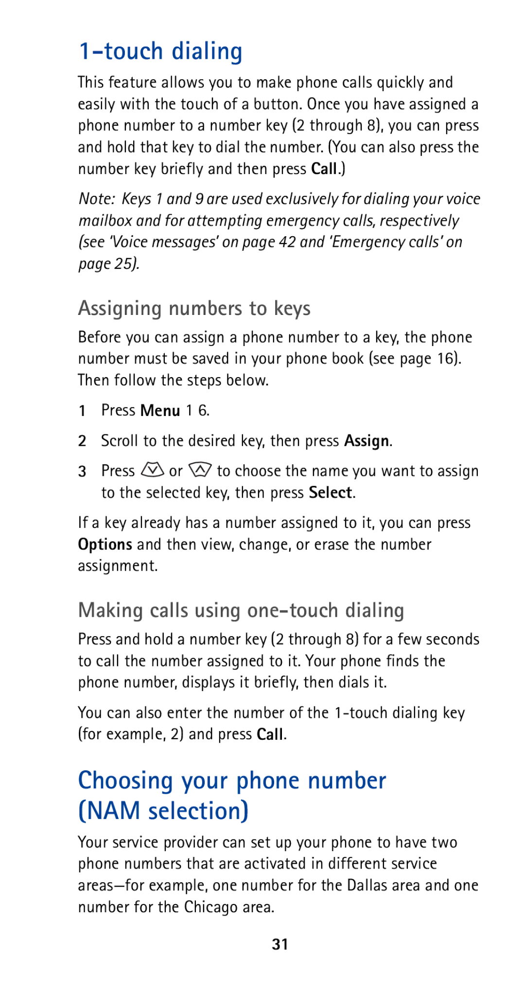 Nokia 5160 owner manual Touch dialing, Choosing your phone number NAM selection, Assigning numbers to keys 