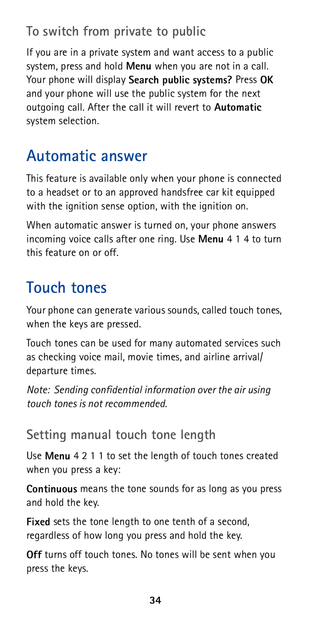 Nokia 5160 owner manual Automatic answer, Touch tones, To switch from private to public, Setting manual touch tone length 