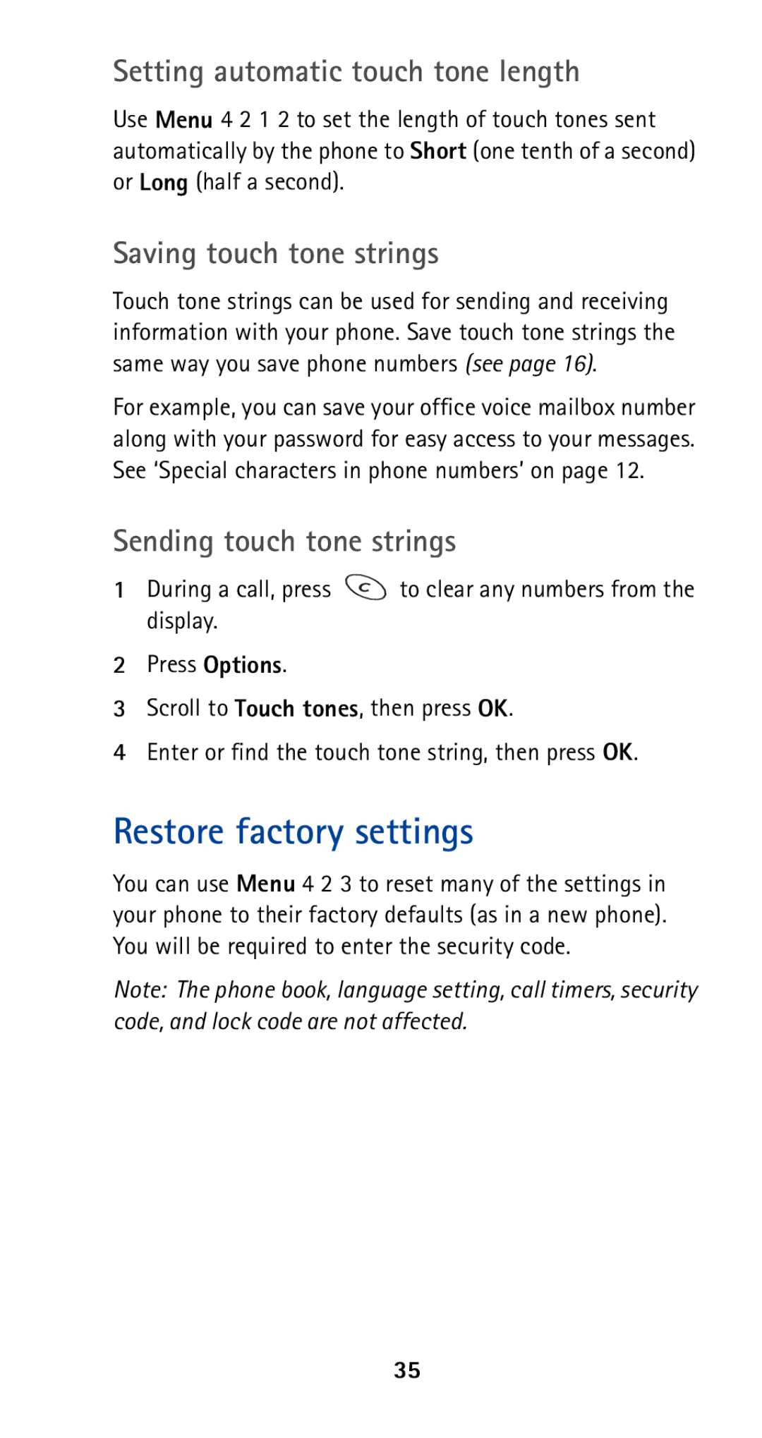 Nokia 5160 owner manual Restore factory settings, Setting automatic touch tone length, Saving touch tone strings 