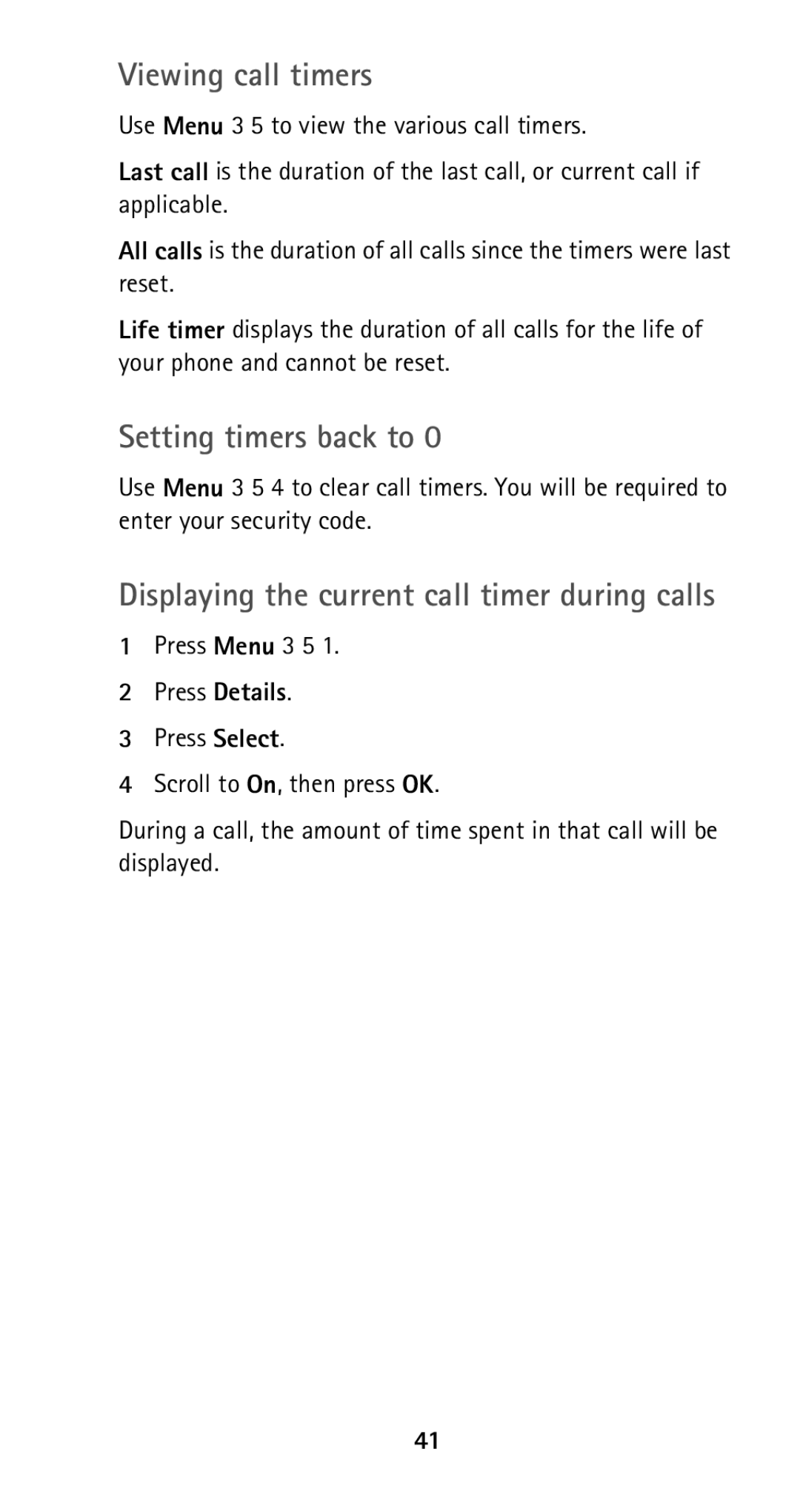 Nokia 5160 owner manual Viewing call timers, Setting timers back to 