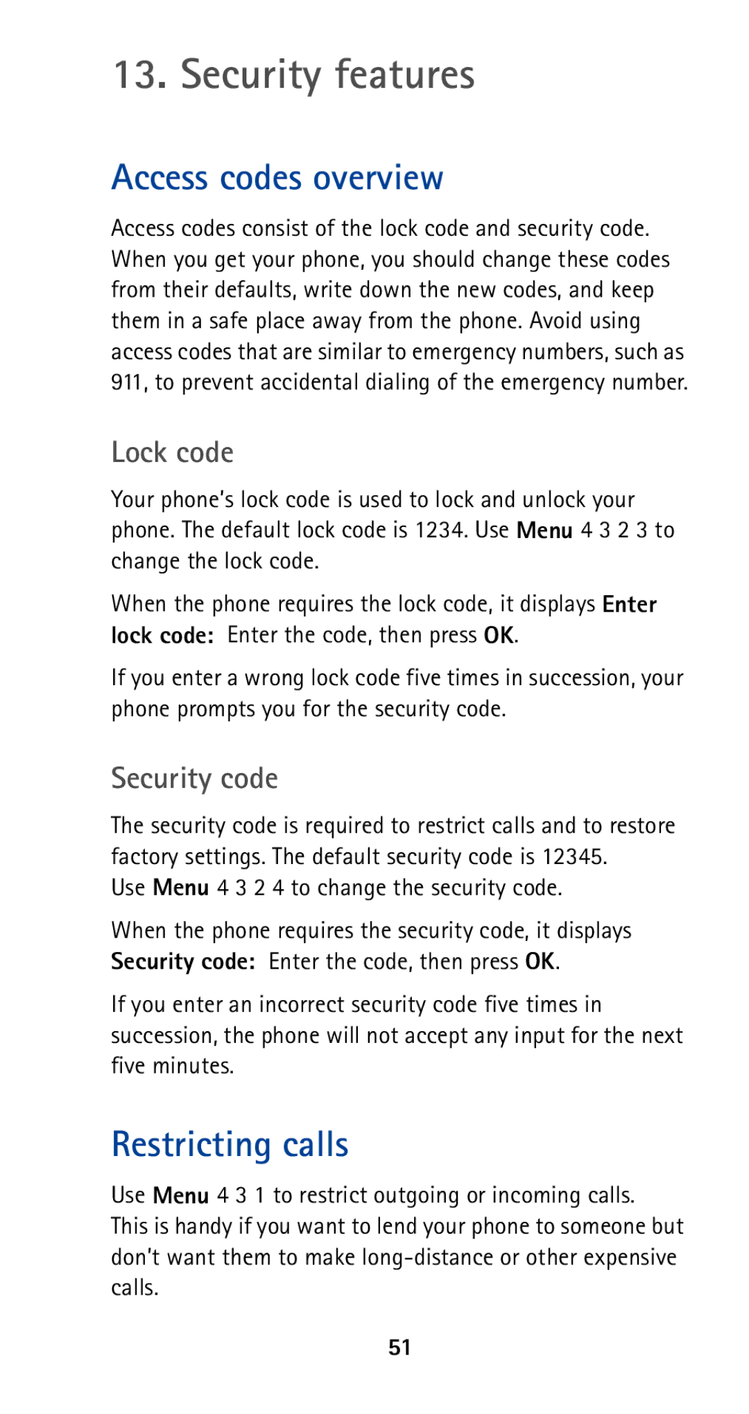 Nokia 5160 owner manual Security features, Access codes overview, Restricting calls, Lock code, Security code 