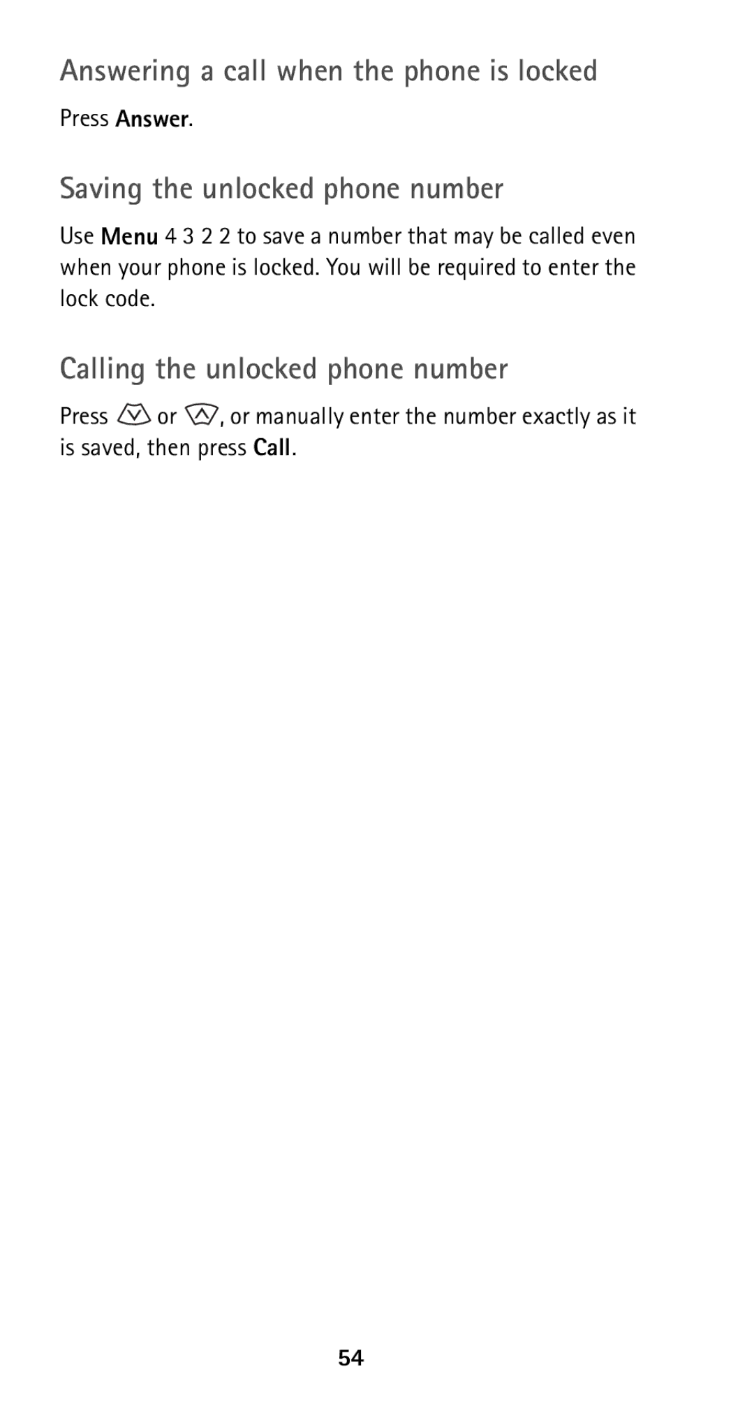 Nokia 5160 Answering a call when the phone is locked, Saving the unlocked phone number, Calling the unlocked phone number 