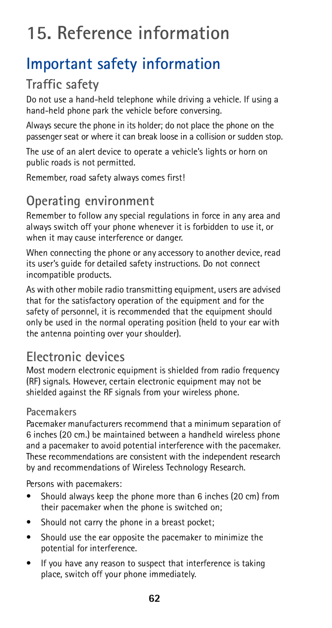 Nokia 5160 Reference information, Important safety information, Traffic safety, Operating environment, Electronic devices 