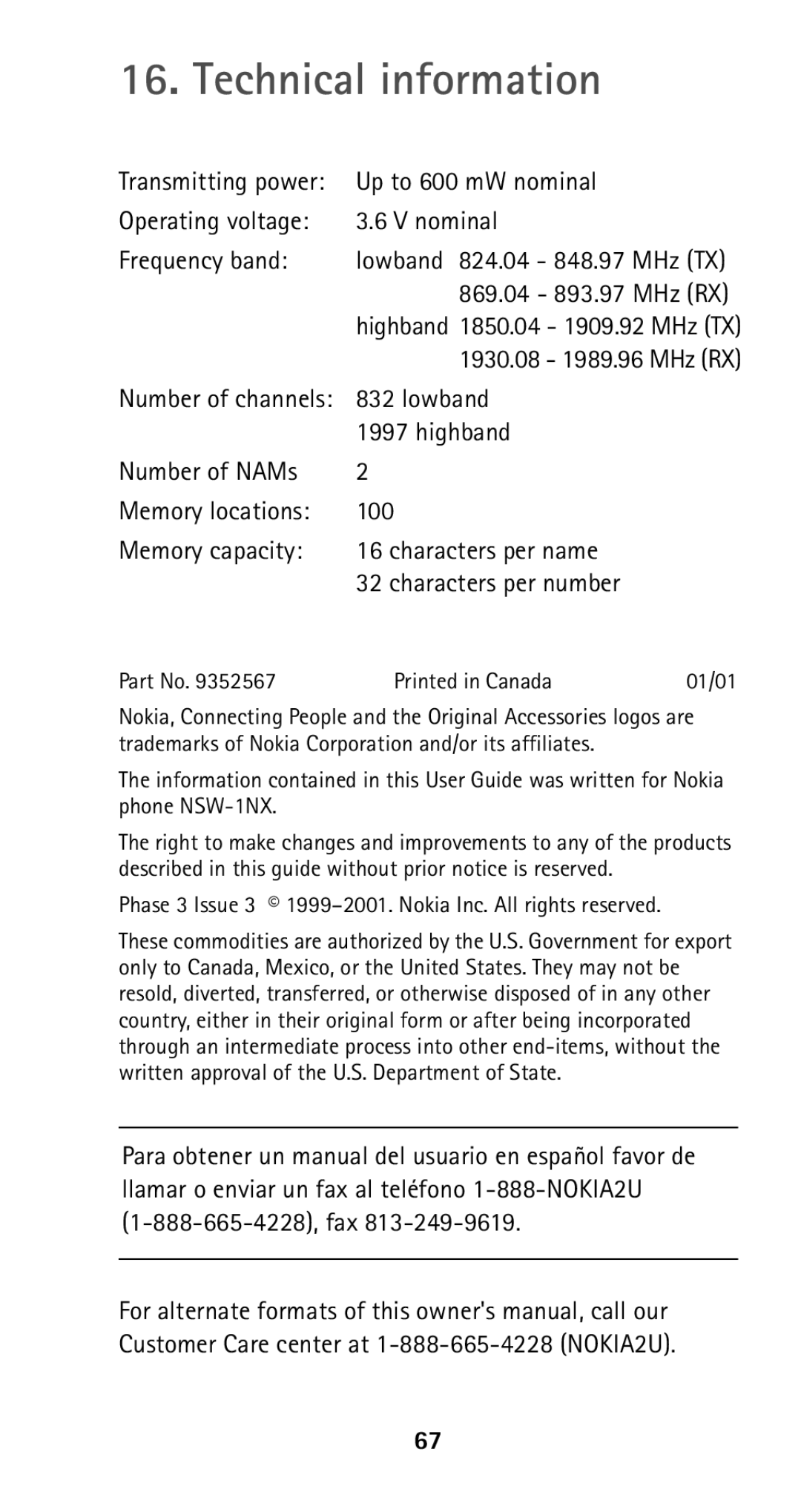 Nokia 5160 owner manual Technical information, Characters per number 