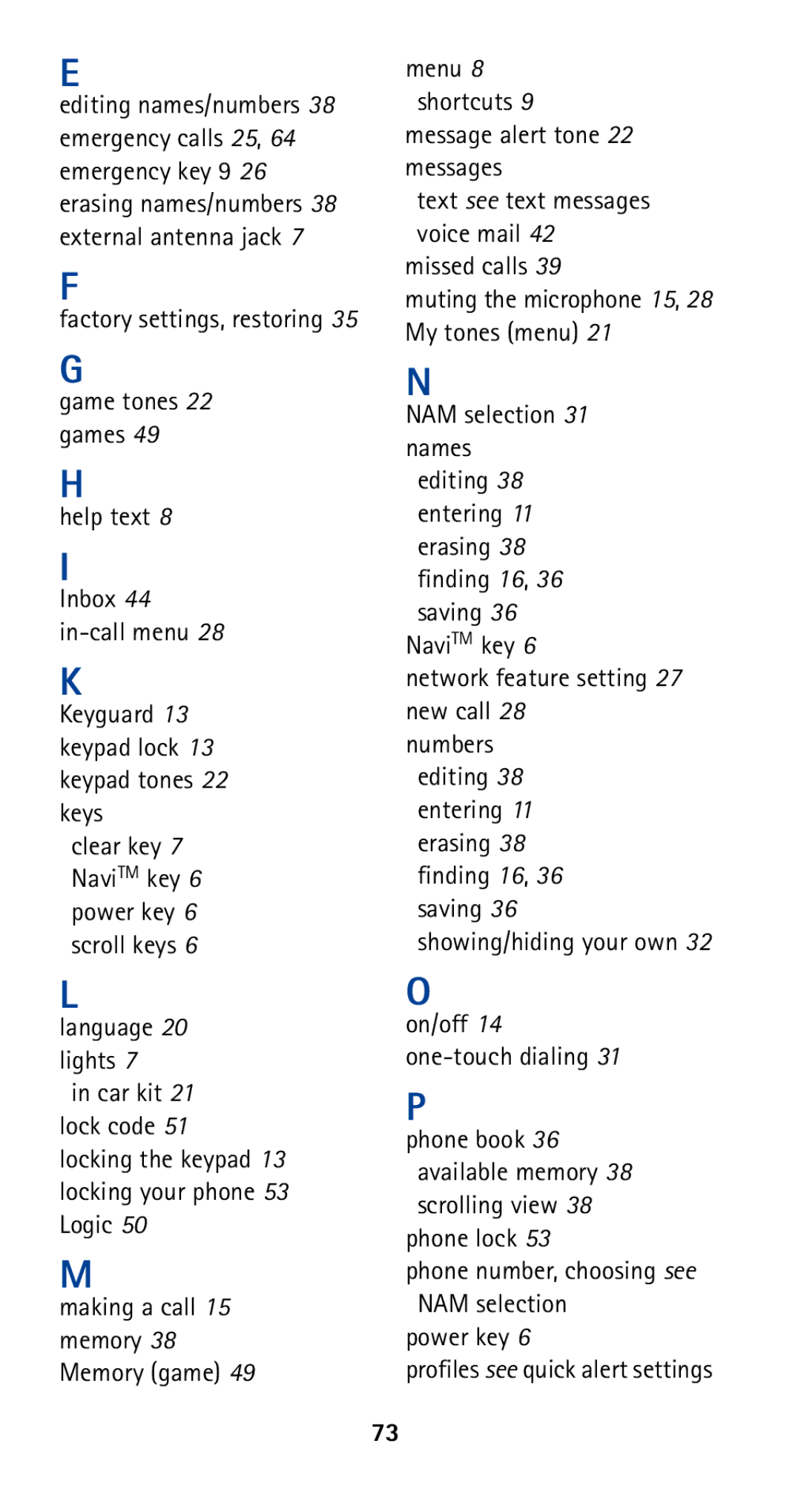 Nokia 5160 Factory settings, restoring Game tones 22 games Help text, Keyguard 13 keypad lock 13 keypad tones 22 keys 