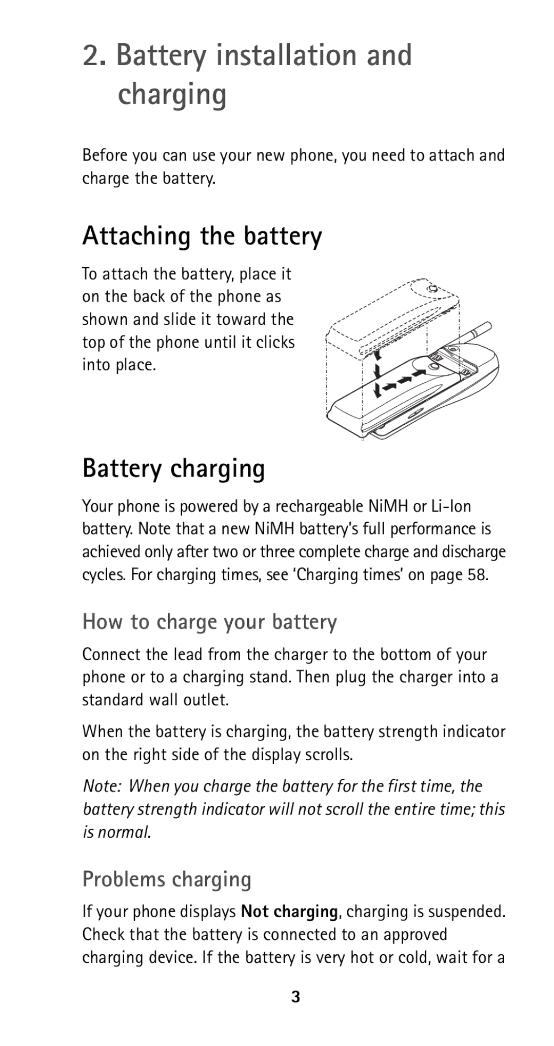 Nokia 5160i manual Battery installation and charging, Attaching the battery, Battery charging, How to charge your battery 