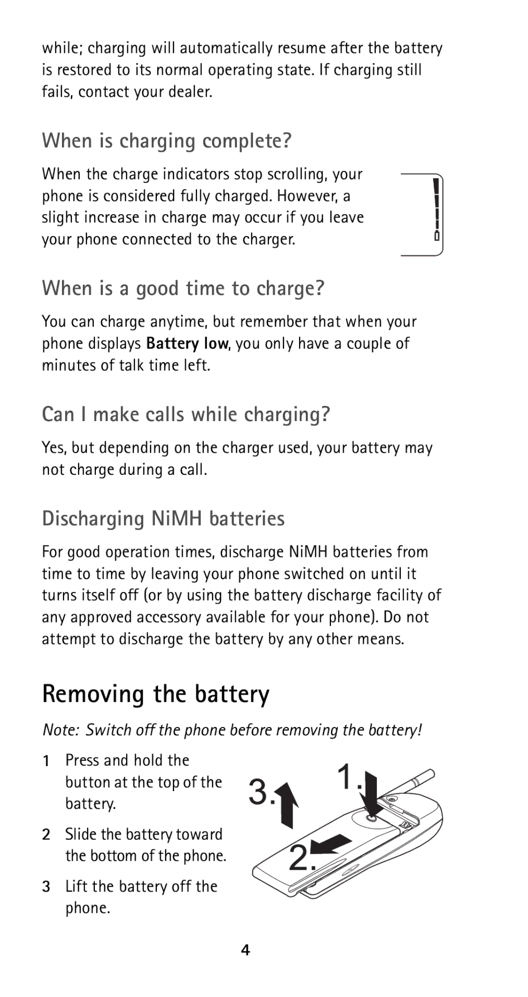 Nokia 5160i Removing the battery, When is charging complete?, When is a good time to charge?, Discharging NiMH batteries 