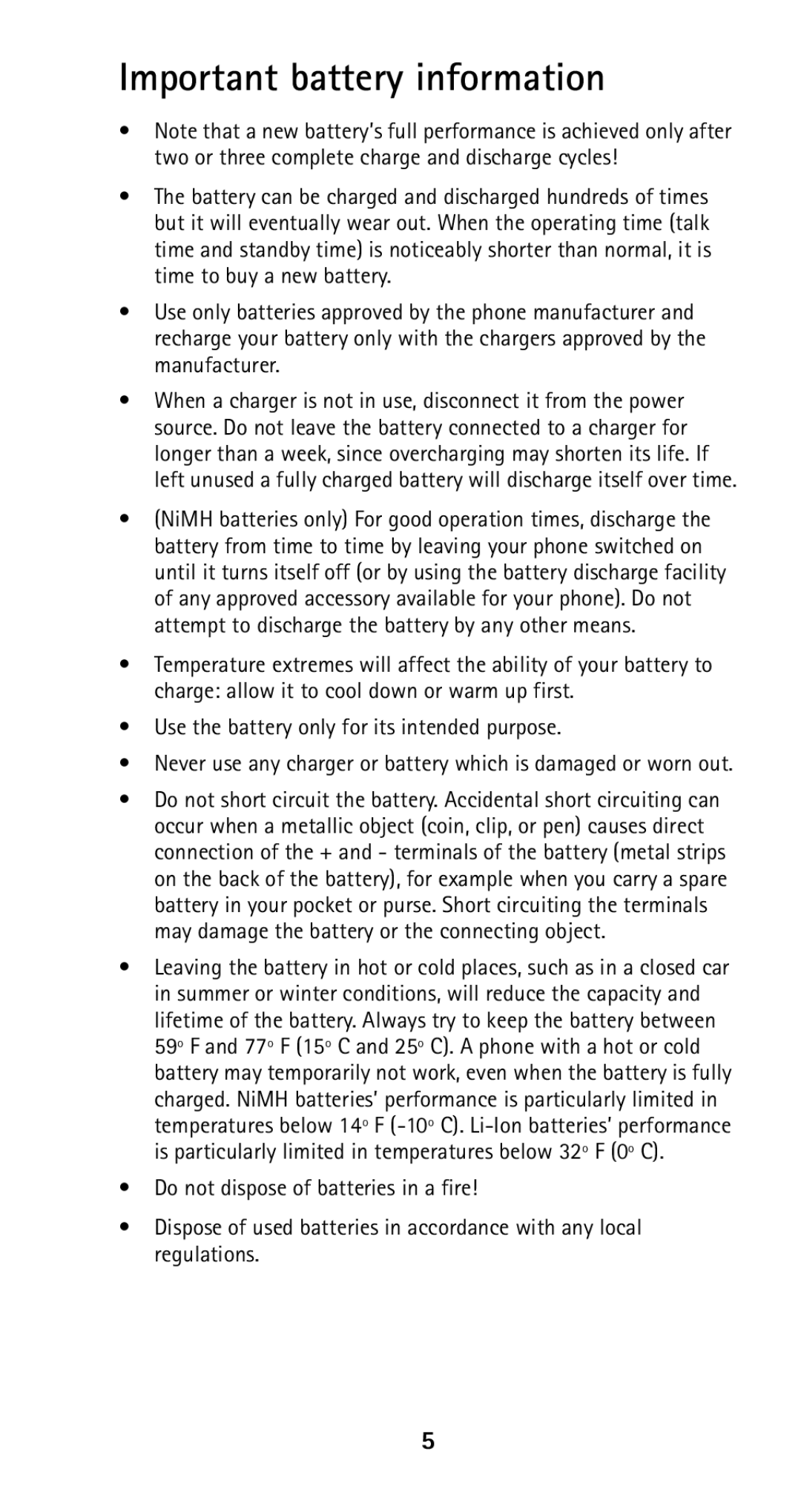 Nokia 5160i manual Important battery information, Use the battery only for its intended purpose 