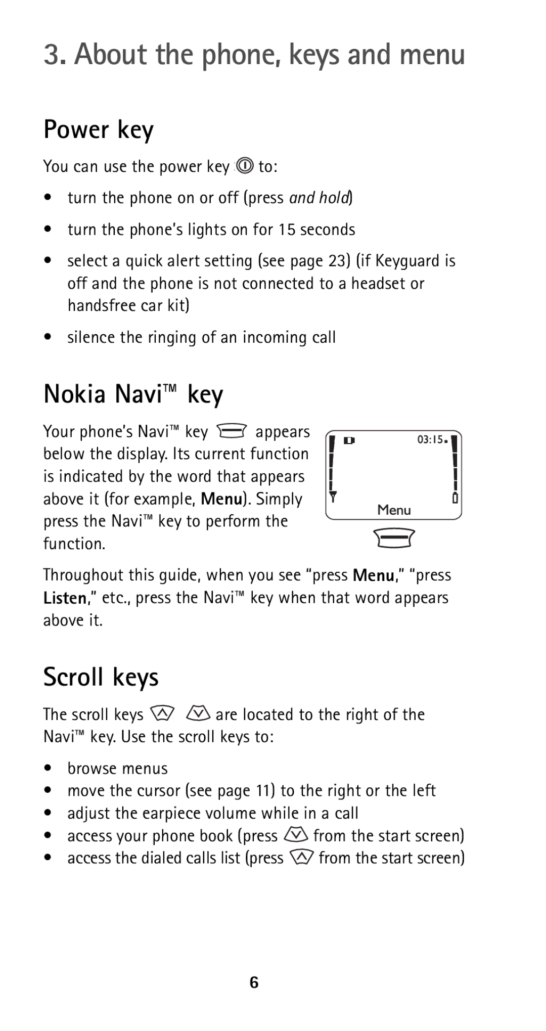 Nokia 5160i manual Power key, Nokia Navi key, Scroll keys 