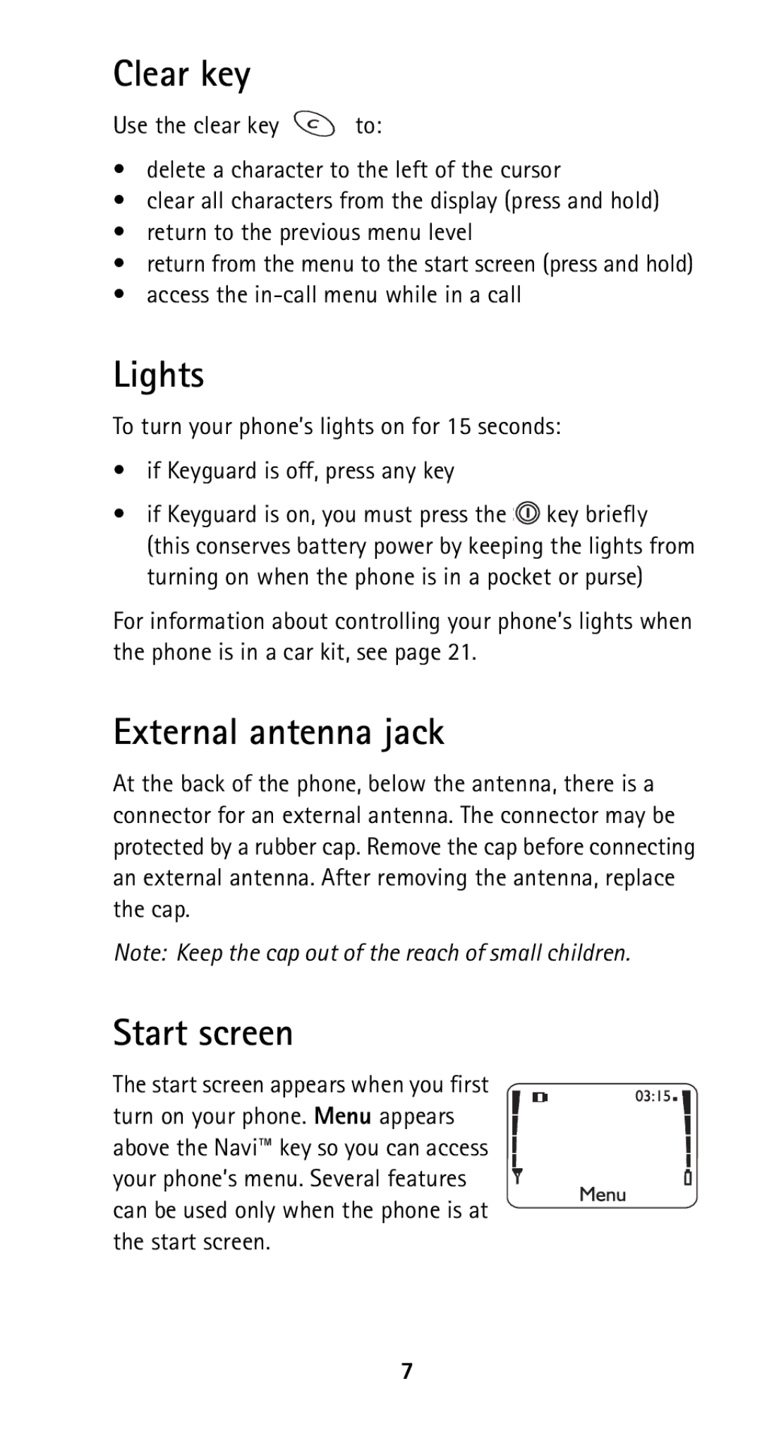 Nokia 5160i manual Clear key, Lights, External antenna jack, Start screen, Access the in-call menu while in a call 