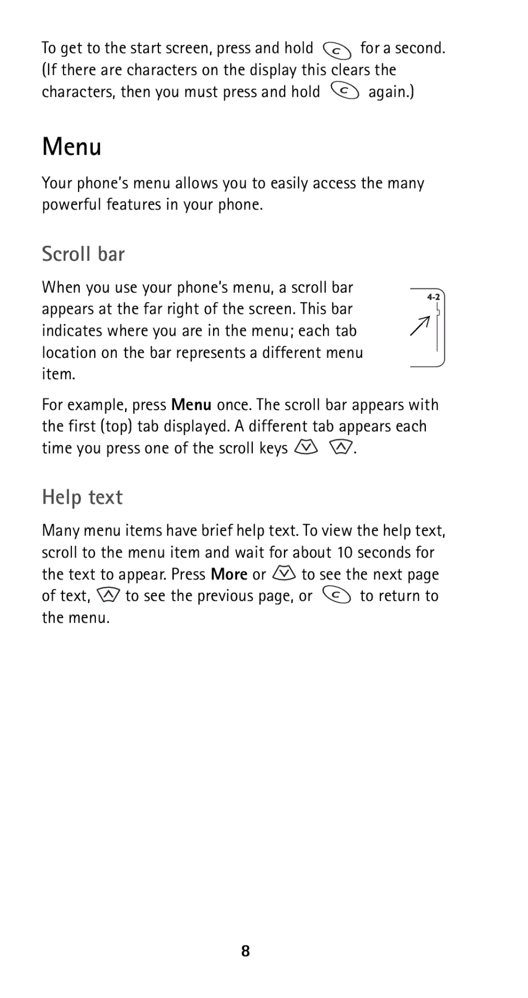 Nokia 5160i manual Menu, Scroll bar, Help text, Characters, then you must press and hold again 