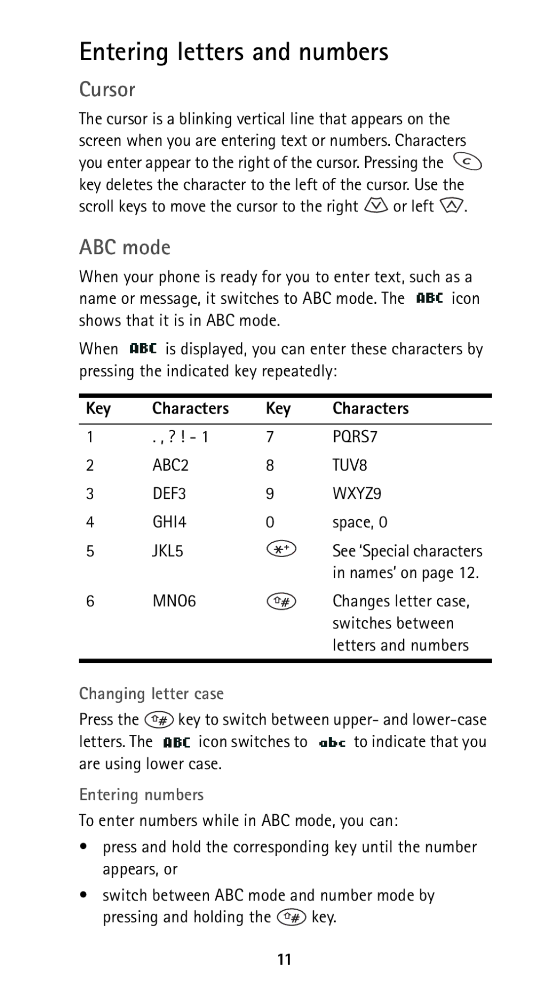 Nokia 5160i manual Entering letters and numbers, Cursor, ABC mode 