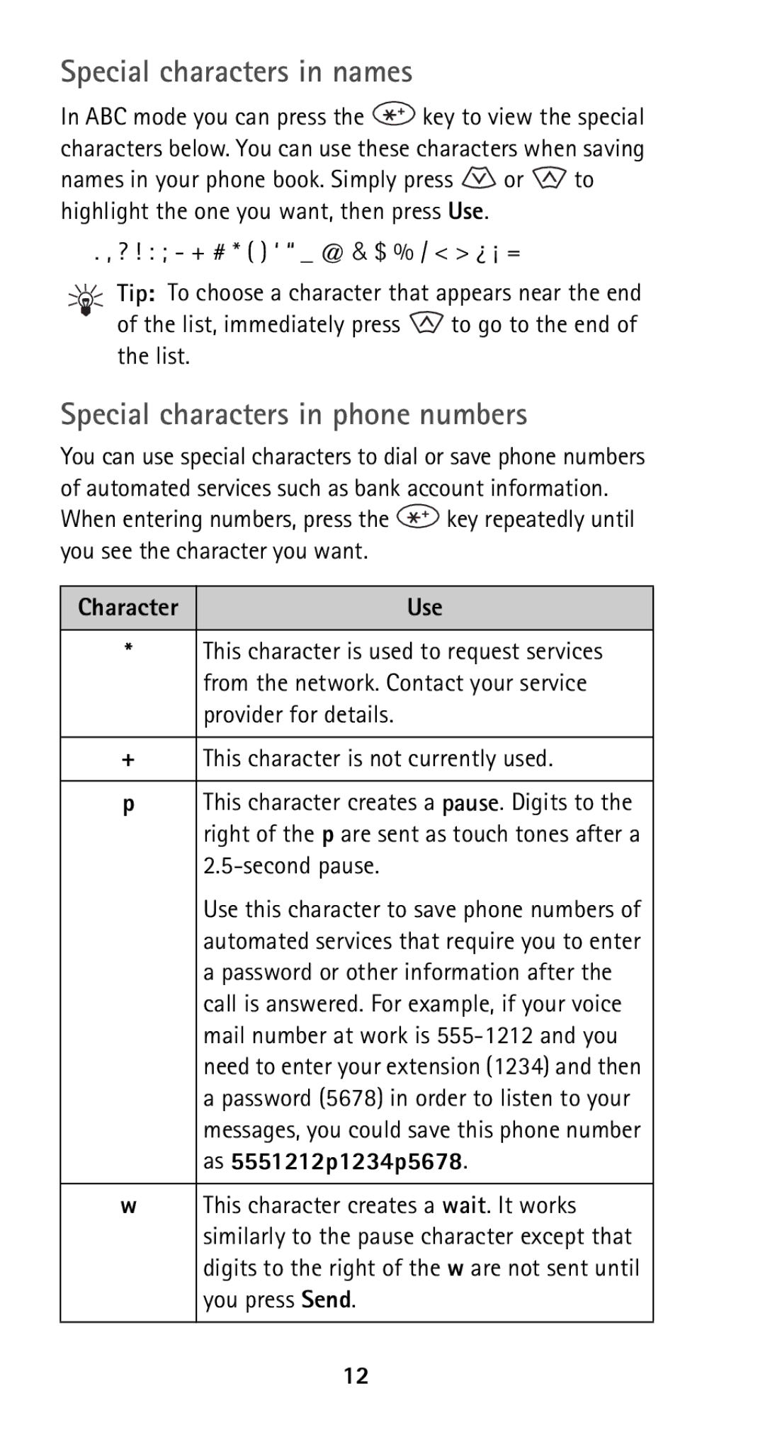 Nokia 5160i manual Special characters in names, Special characters in phone numbers 