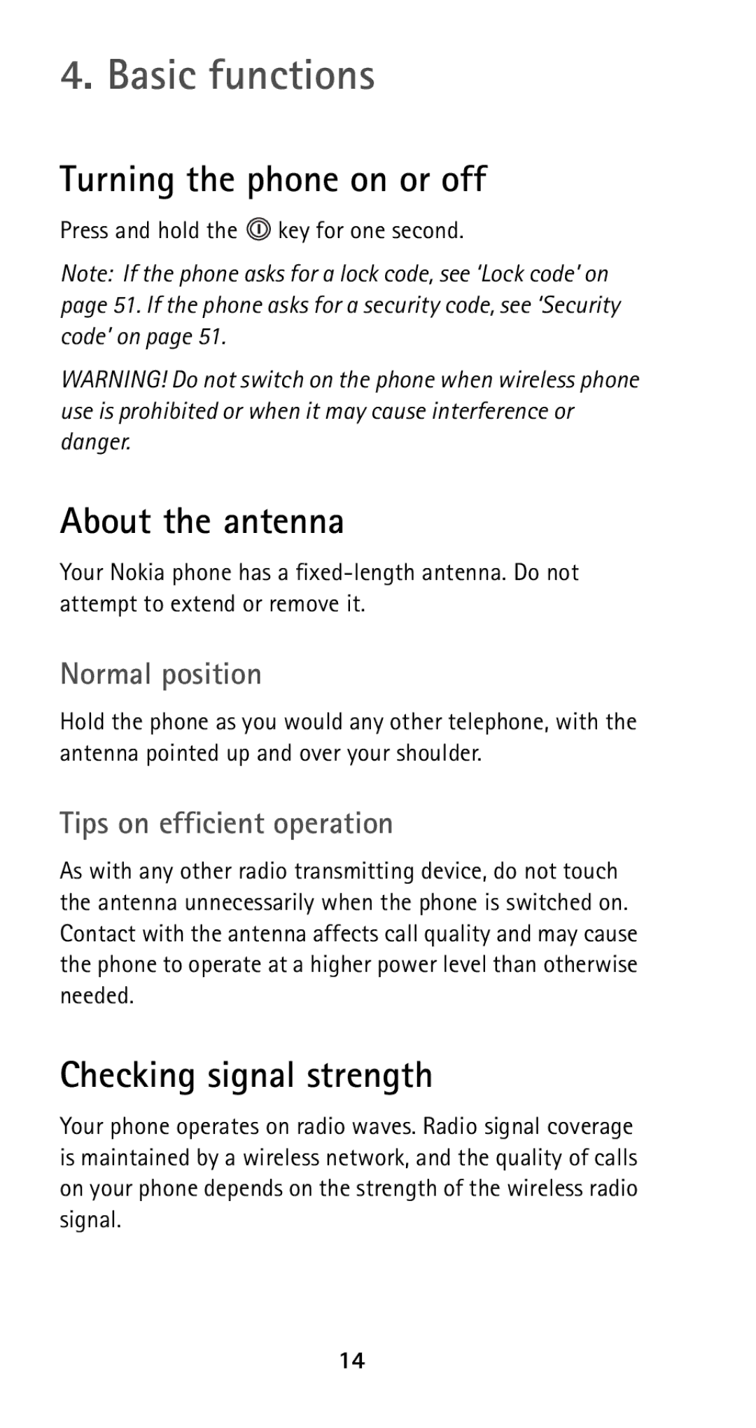 Nokia 5160i manual Basic functions, Turning the phone on or off, About the antenna, Checking signal strength 