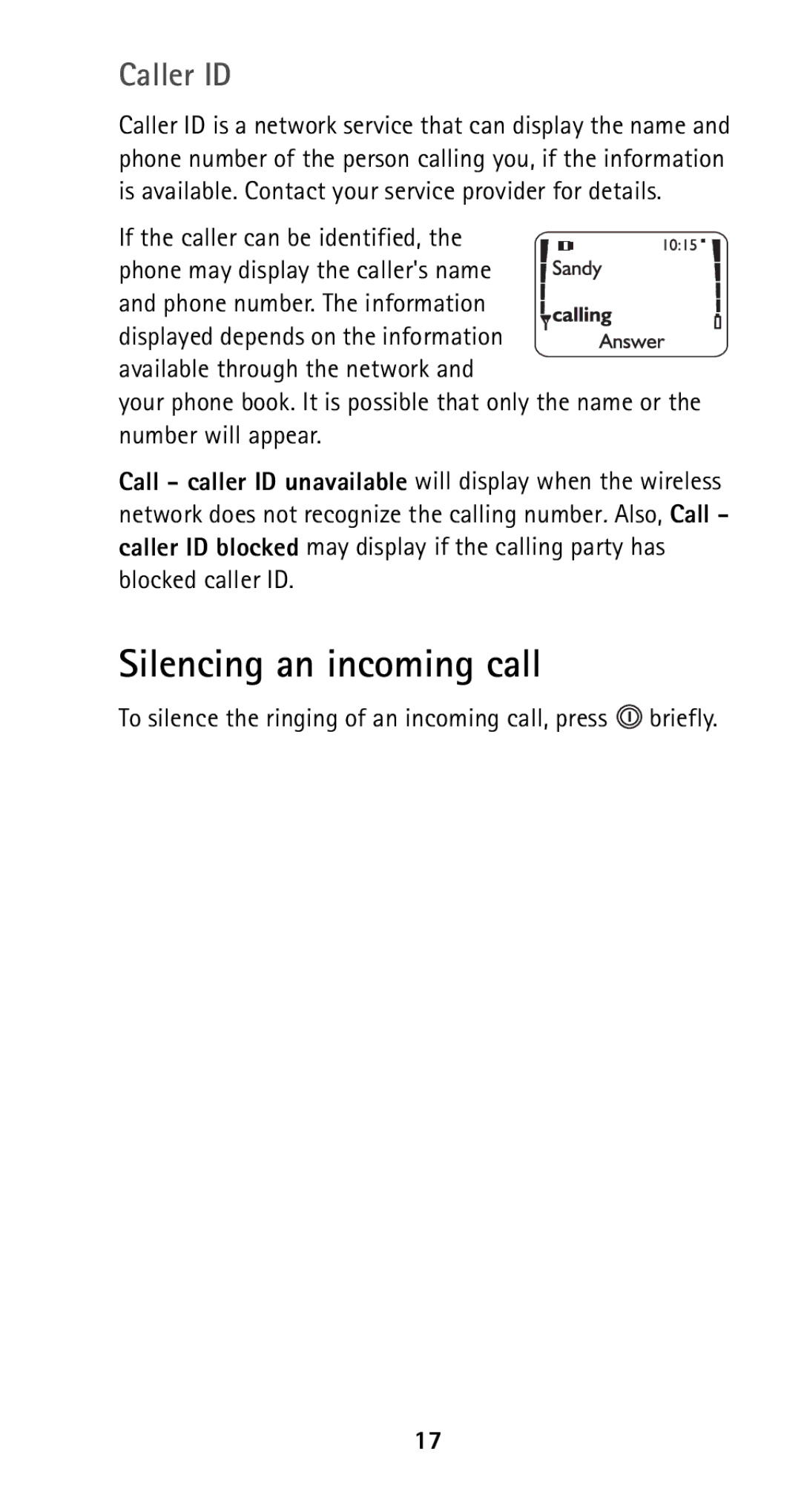 Nokia 5160i manual Silencing an incoming call, Caller ID 