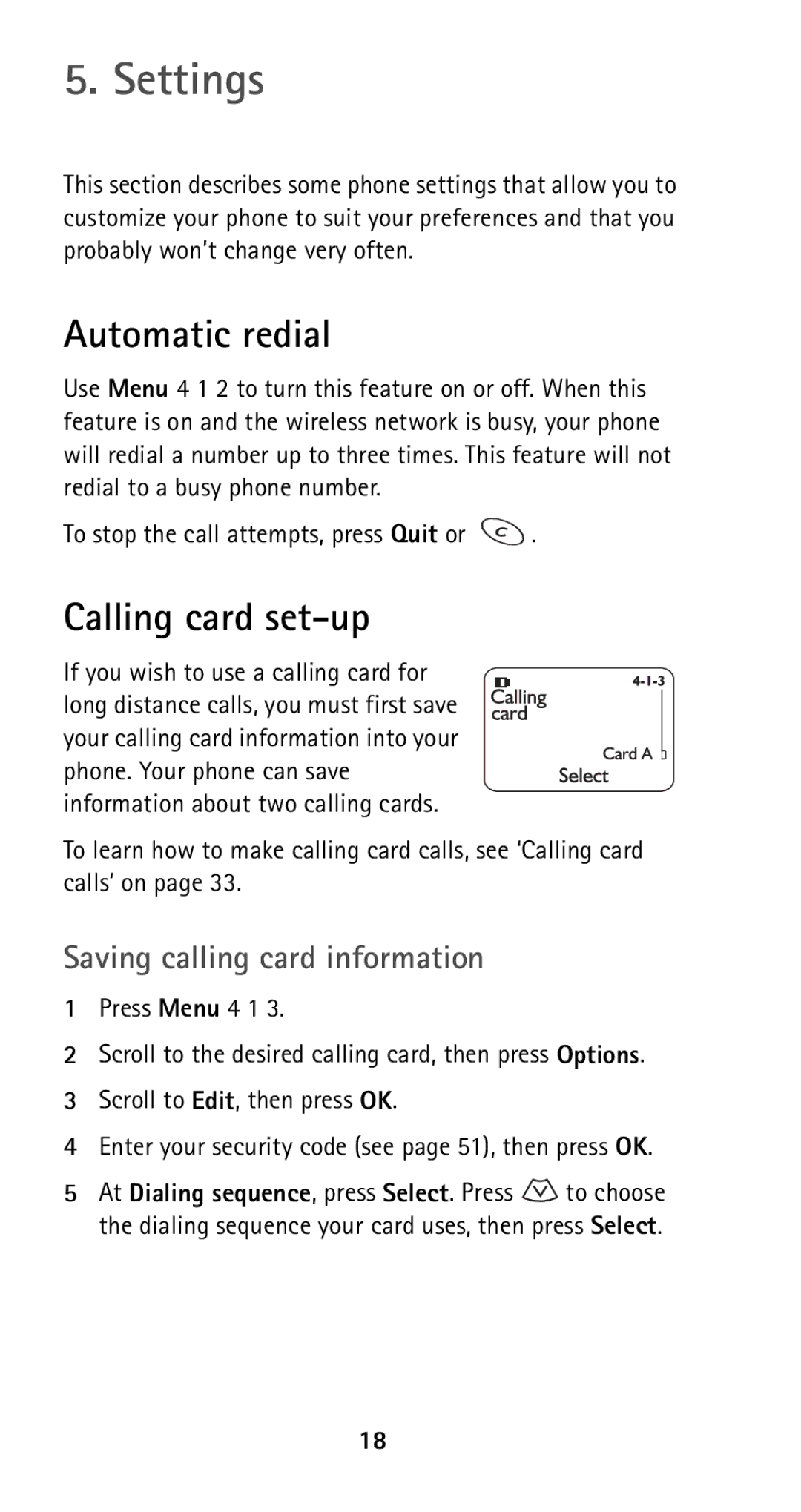 Nokia 5160i manual Settings, Automatic redial, Calling card set-up, Saving calling card information 