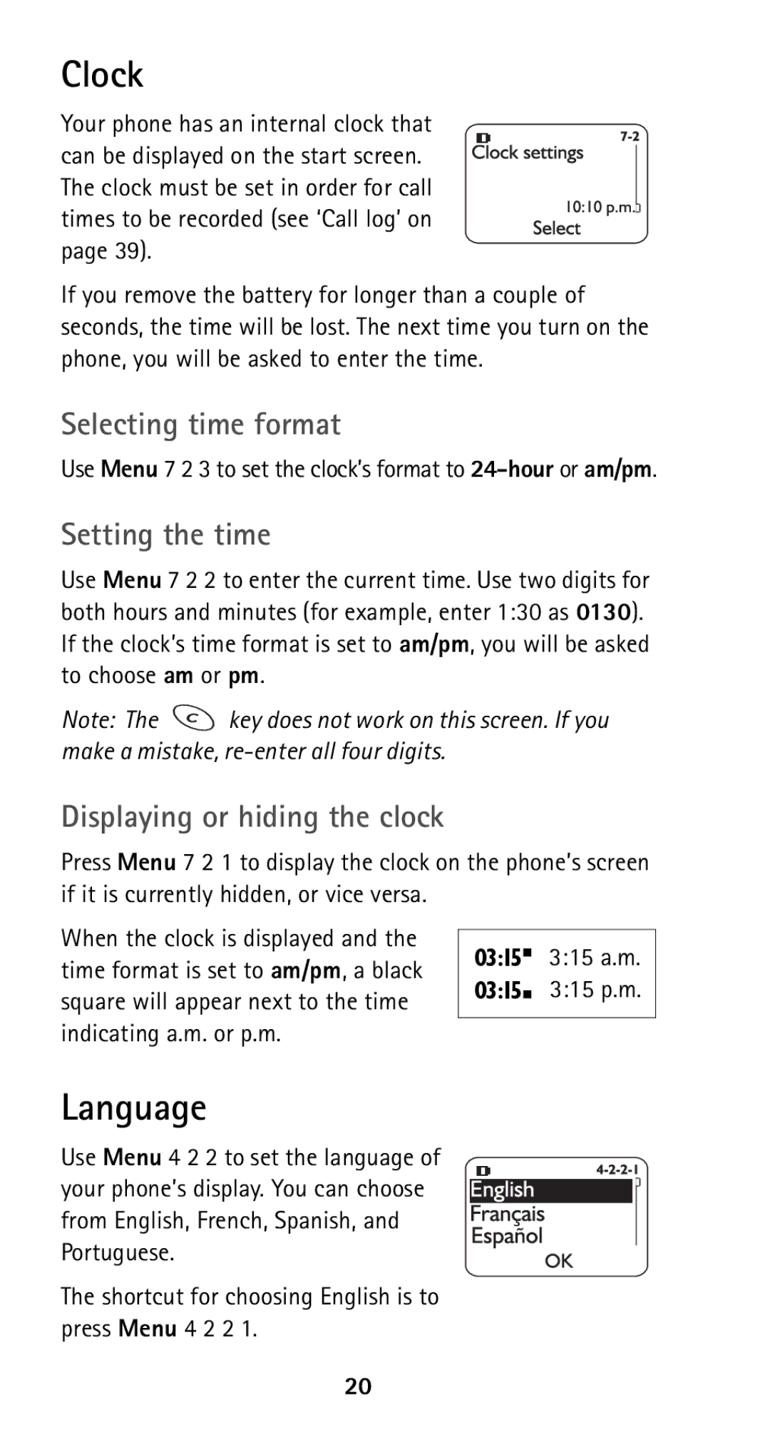 Nokia 5160i manual Clock, Language, Selecting time format, Setting the time, Displaying or hiding the clock 